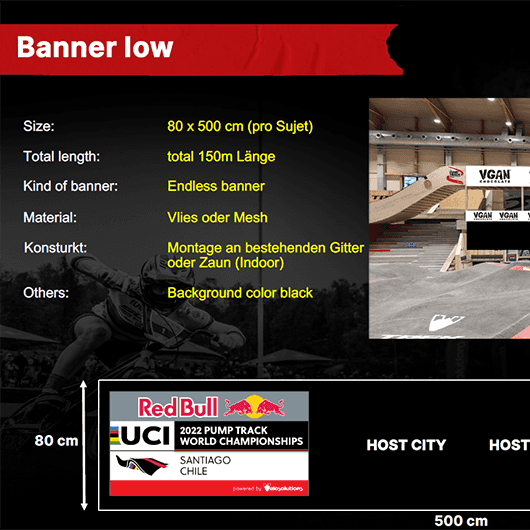 UCI Pump Track WM AREA47: Banner Design mit Radfahrer, Logo und Strecken-Details. #PumpTrack #Area47 #UCI